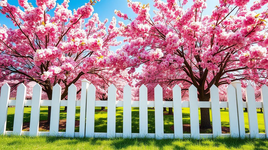 cherry blossoms and picket fence