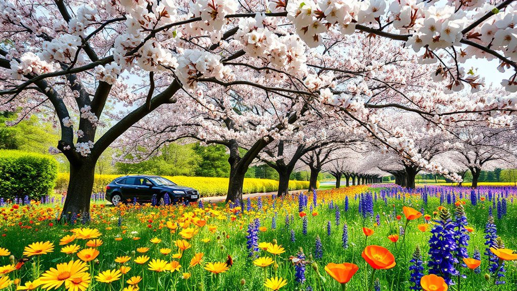 cherry blossoms and wildflowers