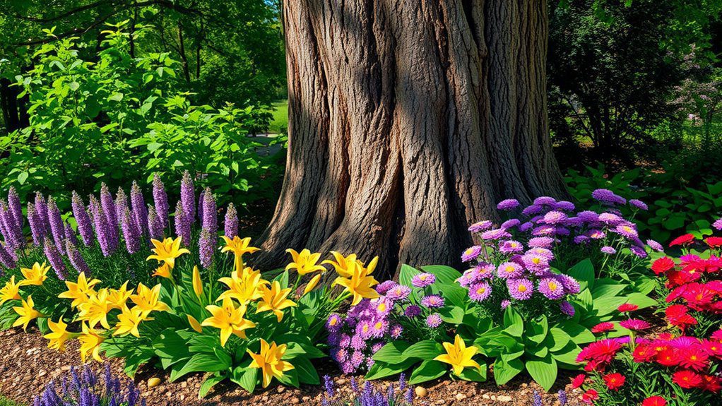 colorful perennials around trees