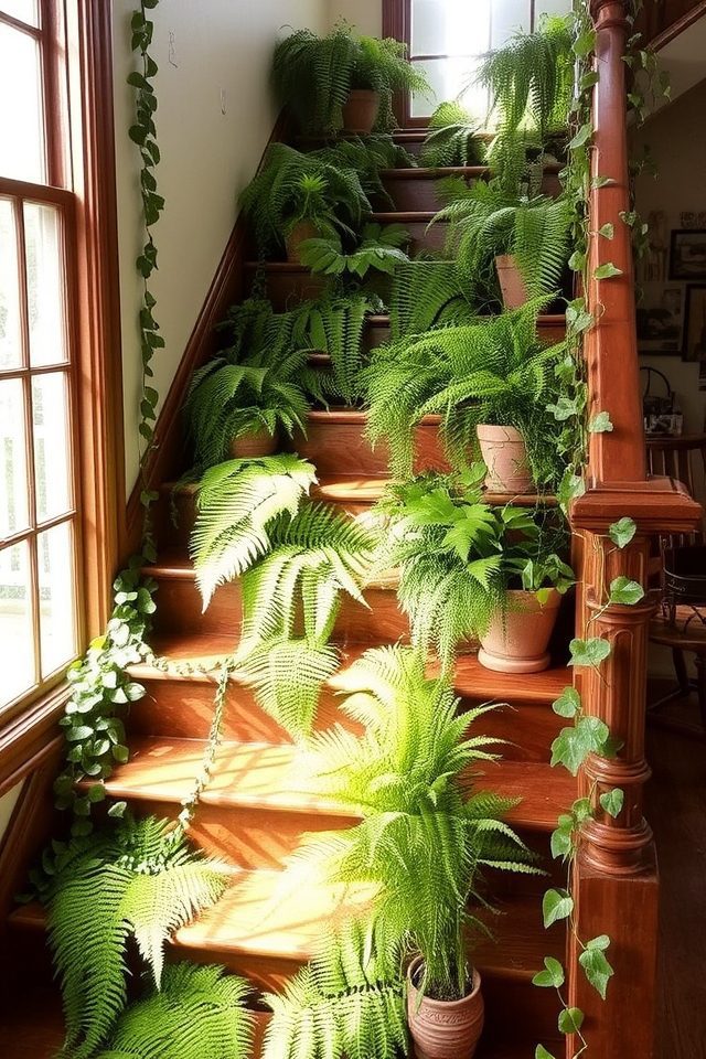 lush stairway plant arrangements