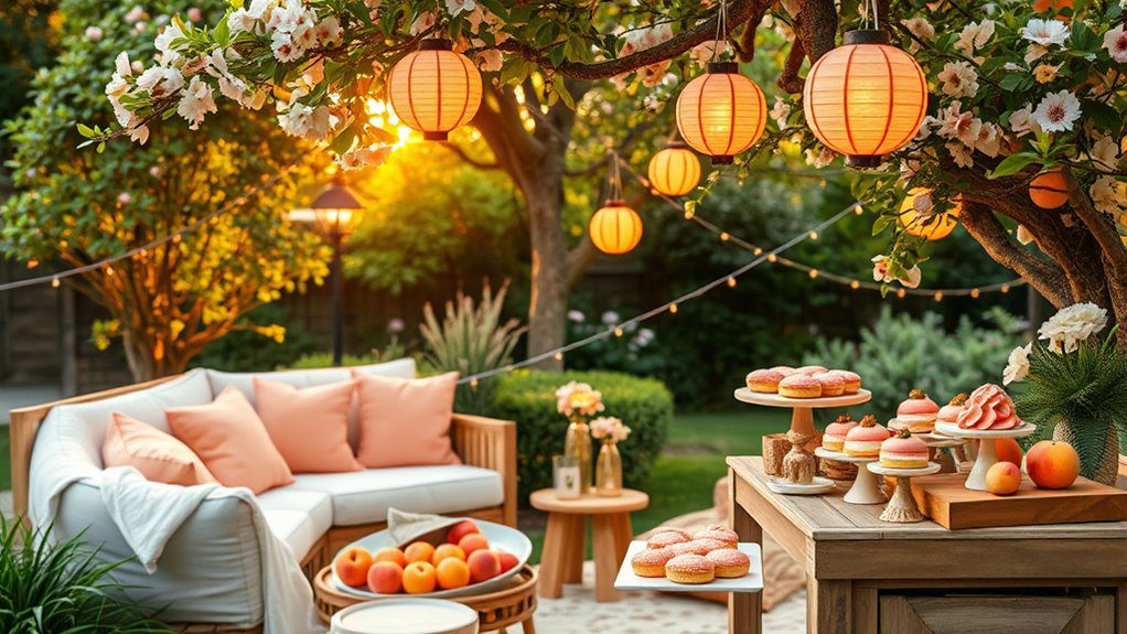 peach themed garden party setup