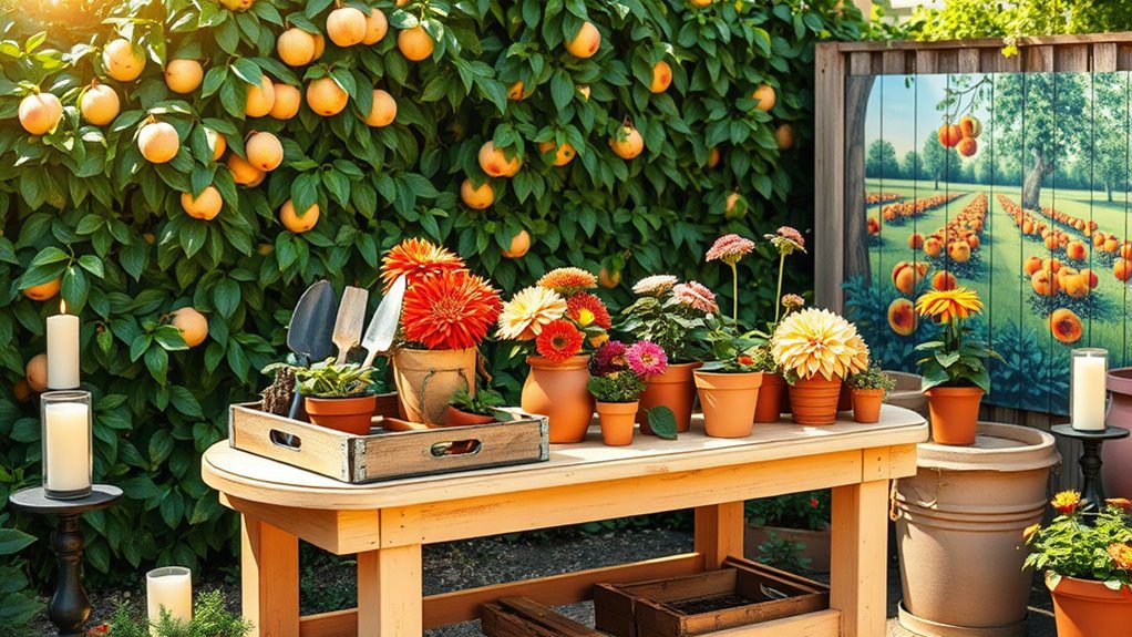 peach themed gardening workspace setup