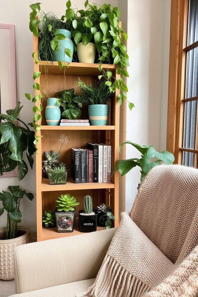 plant shelves with books