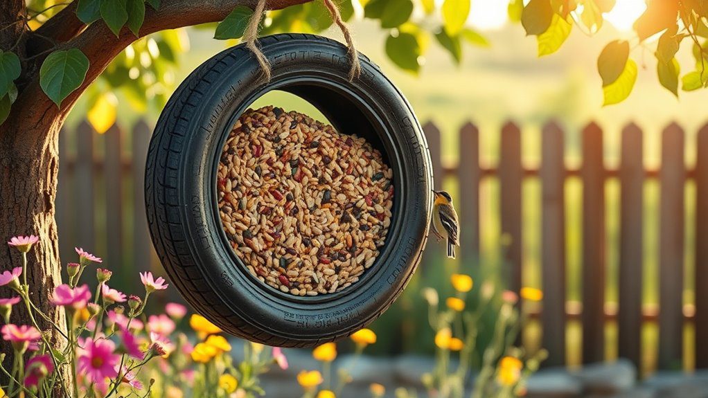 recycled tire bird feeder