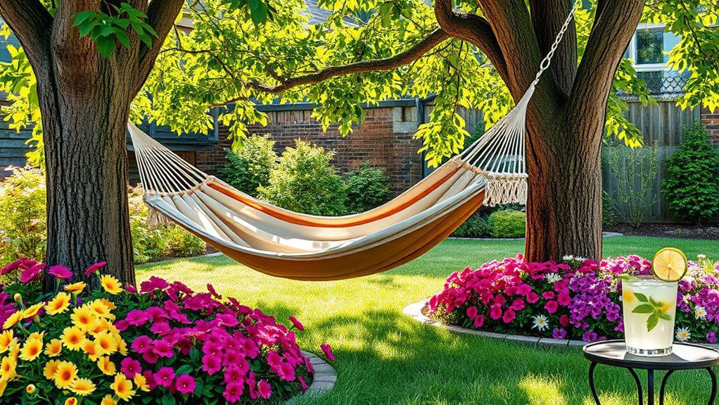 relaxing hammock among flowers