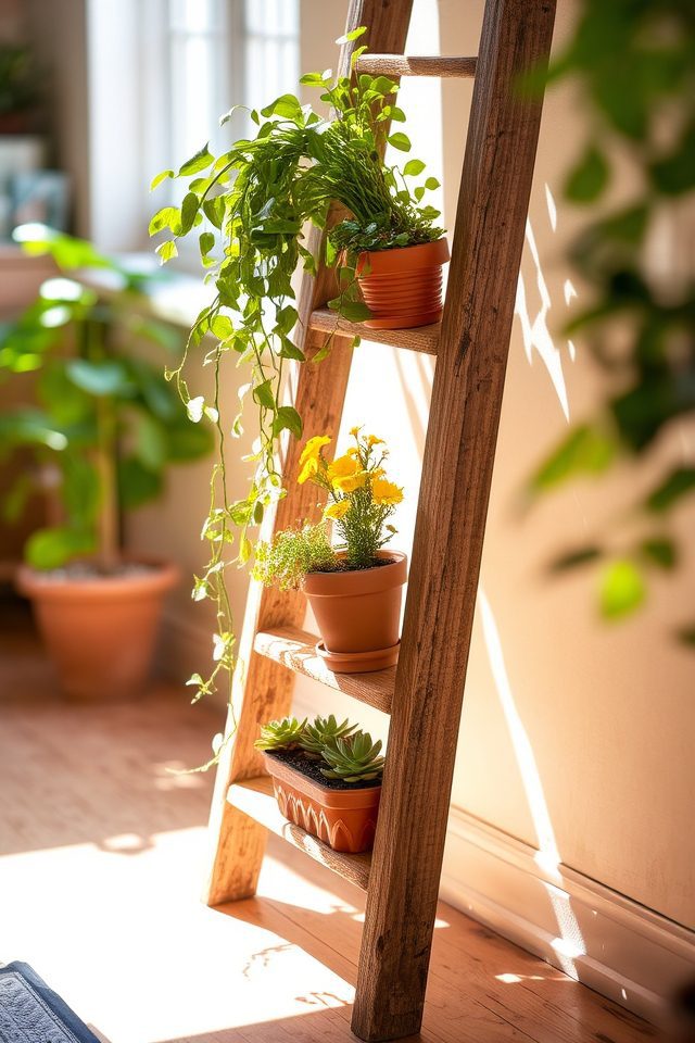 repurposed ladder plant display