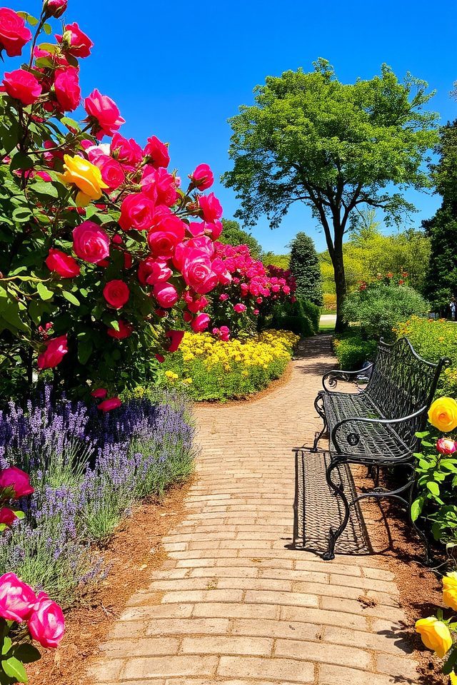 rose pathway with benches
