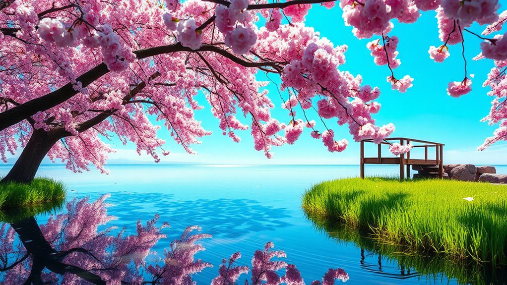 serene cherry blossom pond