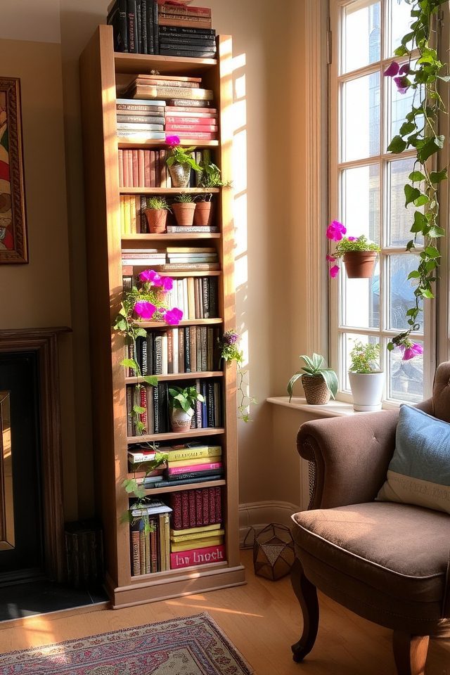 unexpected floral bookshelf decor