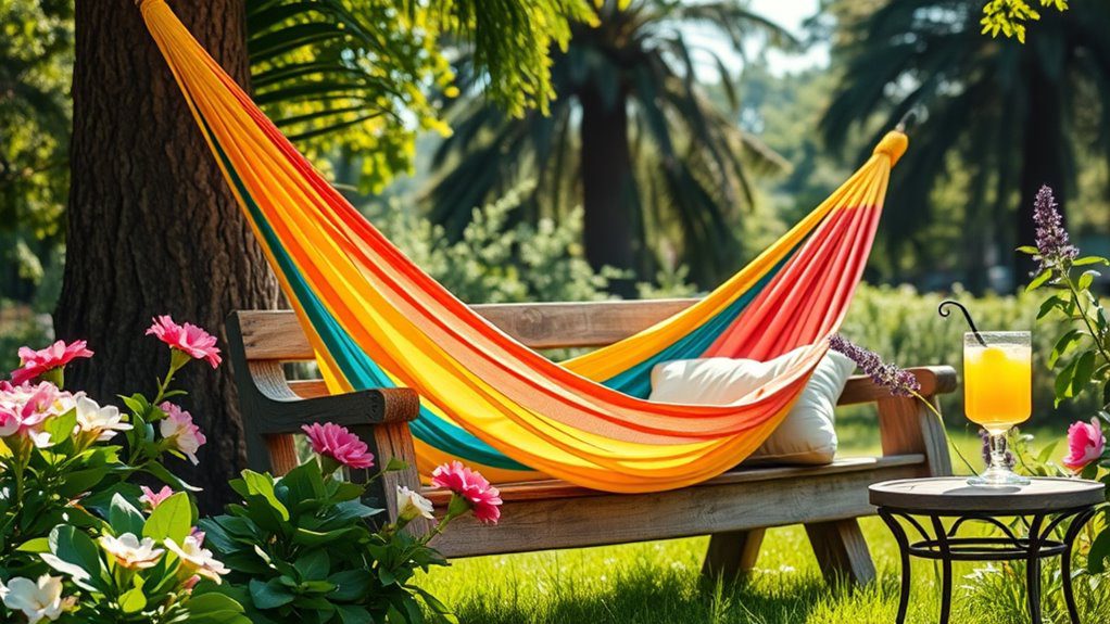vibrant hammock and bench