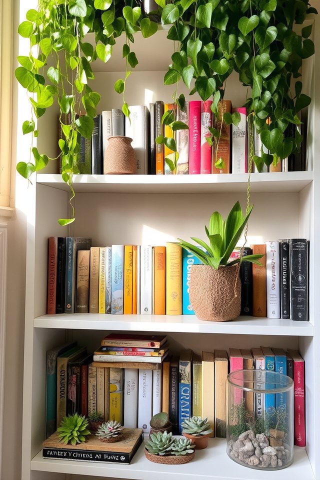 vibrant plants enhance bookshelves