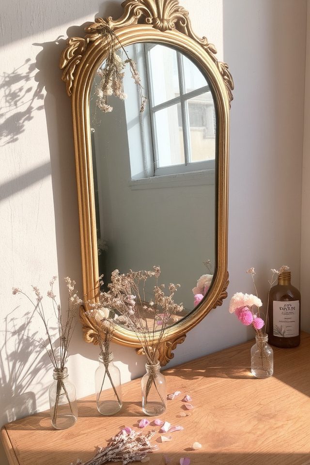 vintage mirrors with dried flowers