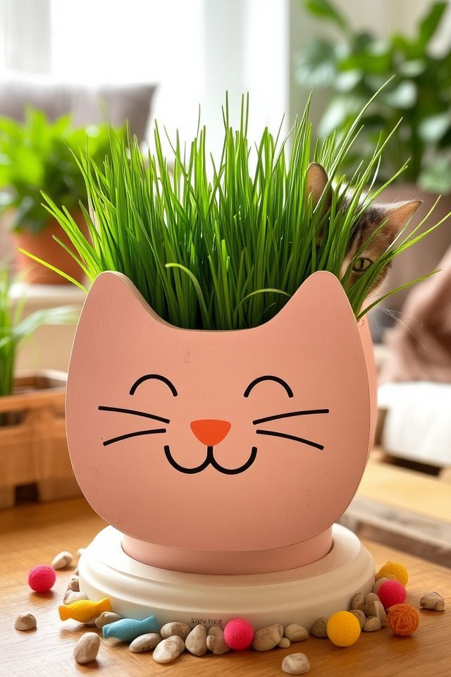 whimsical cat grass planter