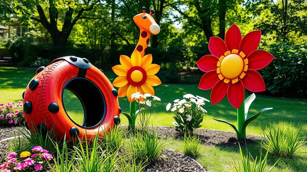 whimsical recycled tire sculptures