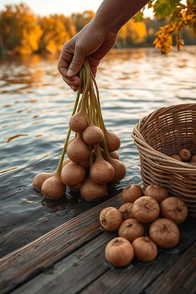 harvesting water chestnuts carefully