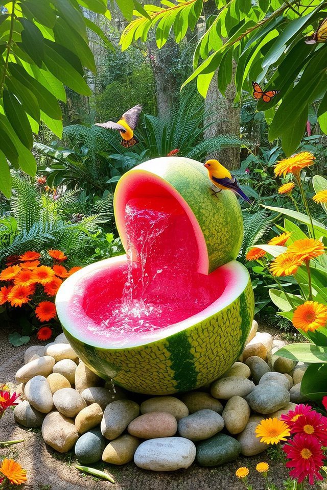 whimsical garden watermelon fountain