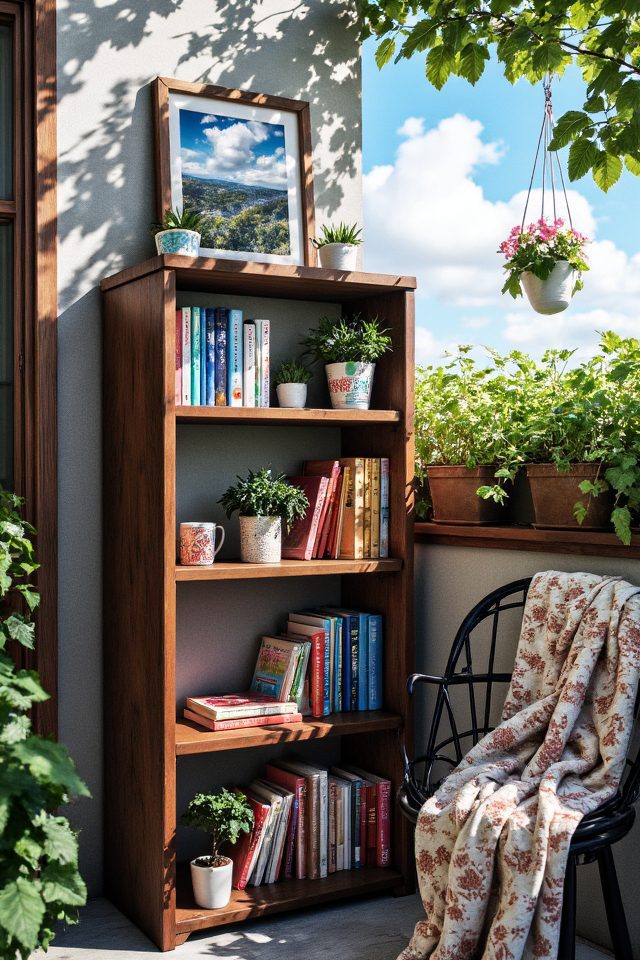 compact balcony bookshelf setup