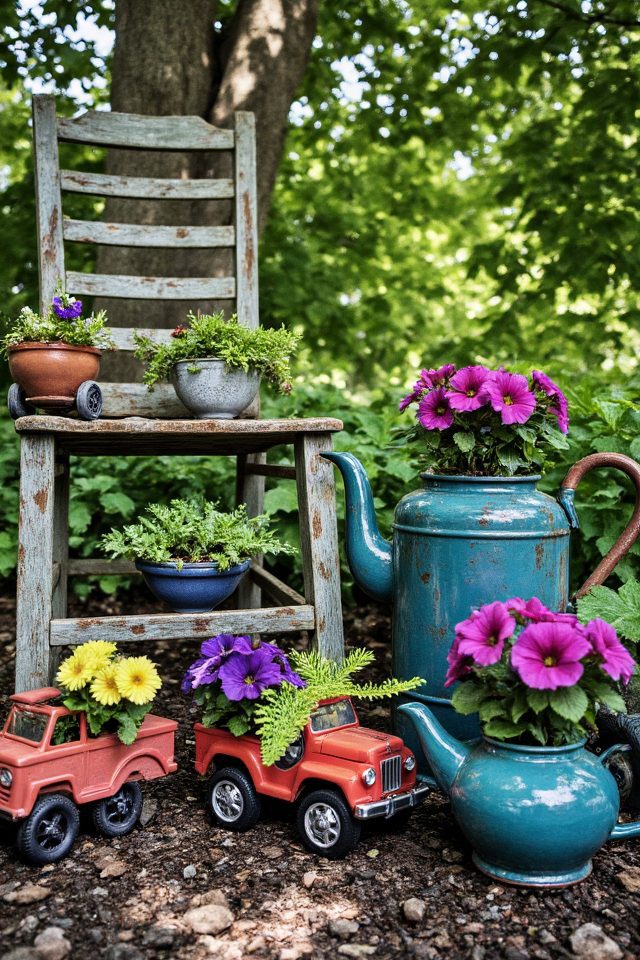 repurposed whimsical garden planters