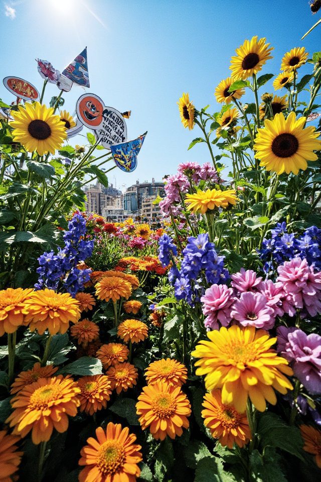 vibrant comic themed flower garden