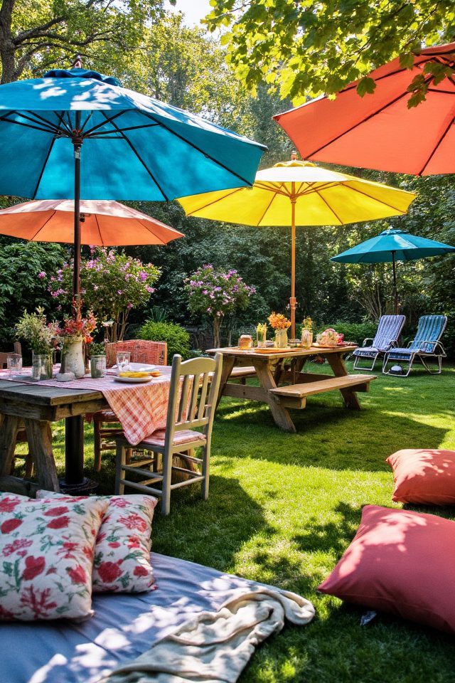 vibrant umbrellas provide shade