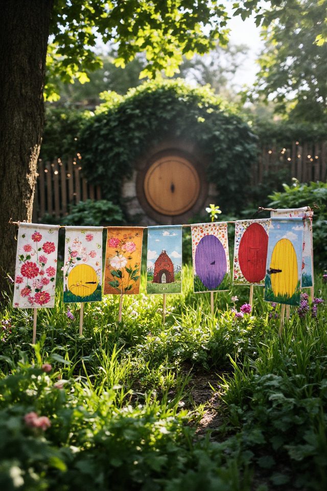 whimsical hobbit themed garden flags