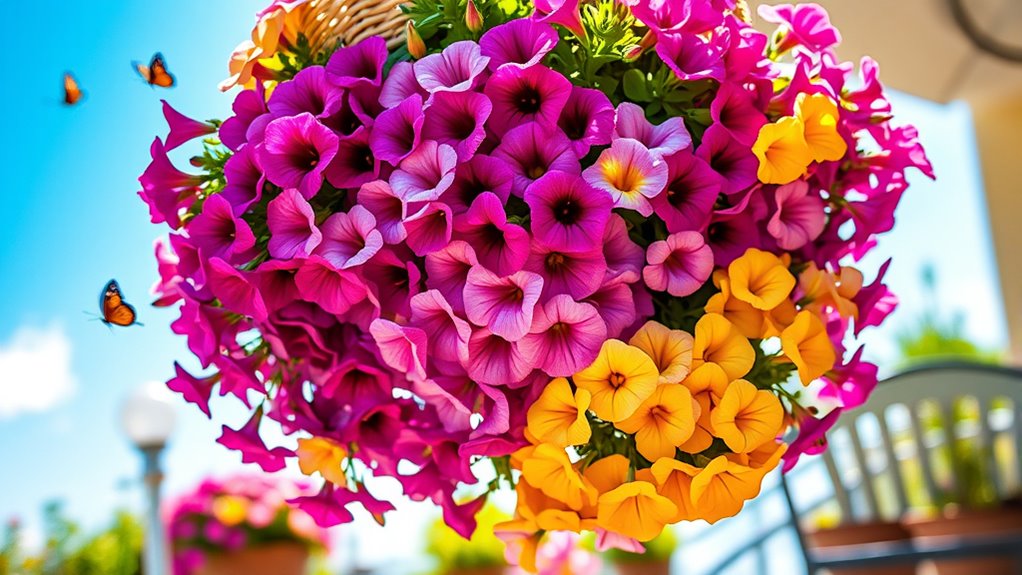 cascading colorful hanging baskets