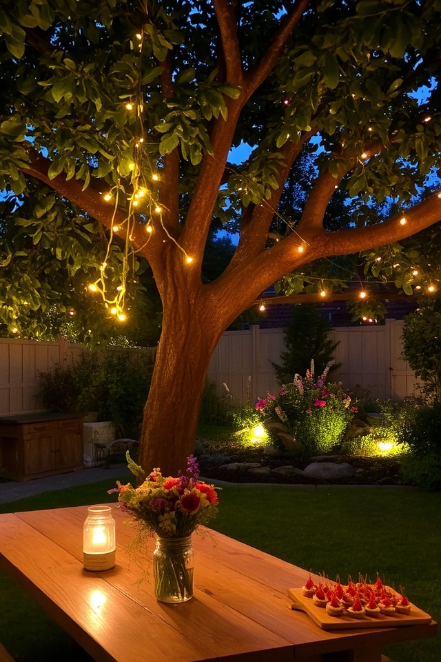 cozy illuminated backyard oasis