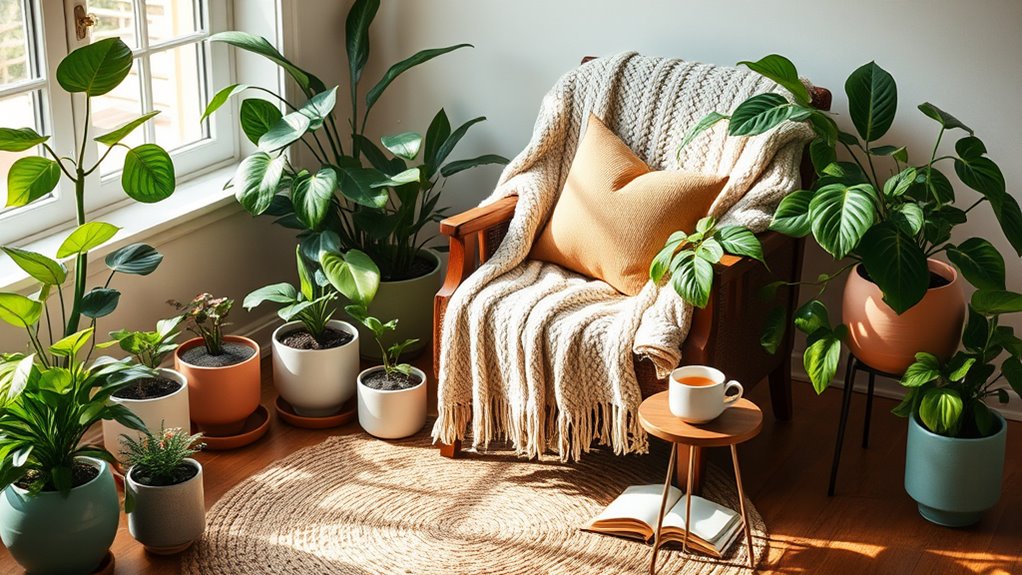 cozy textiles with plants