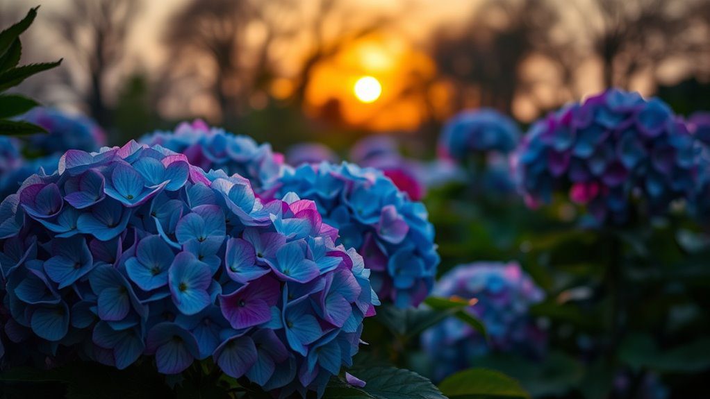 glowing vibrant hydrangeas dusk