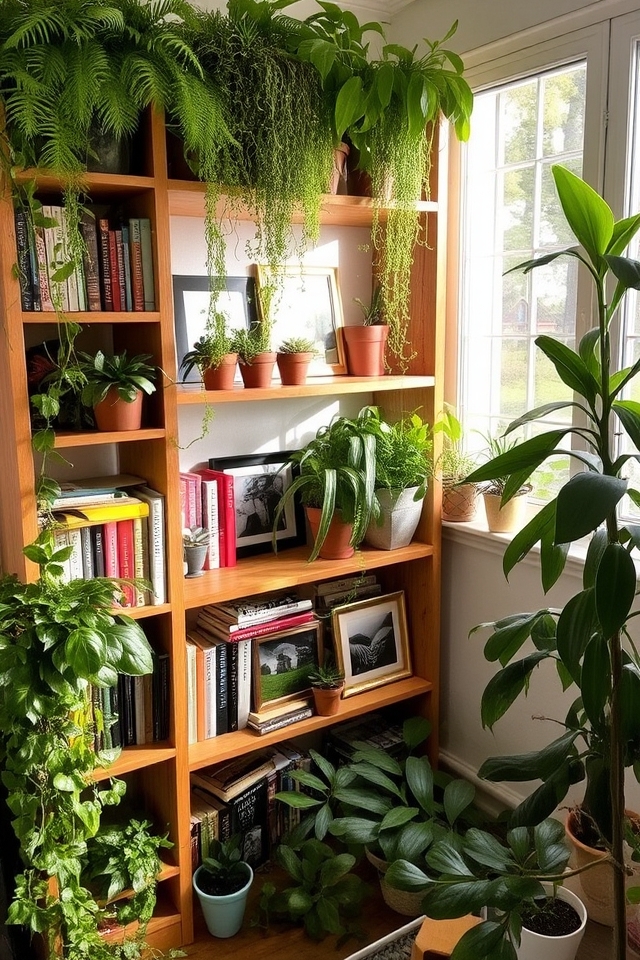 nature inspired bookshelf decor