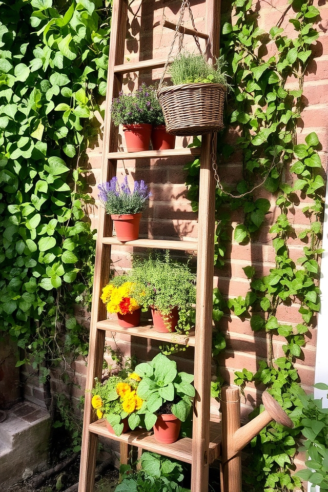 repurposed ladder plant display