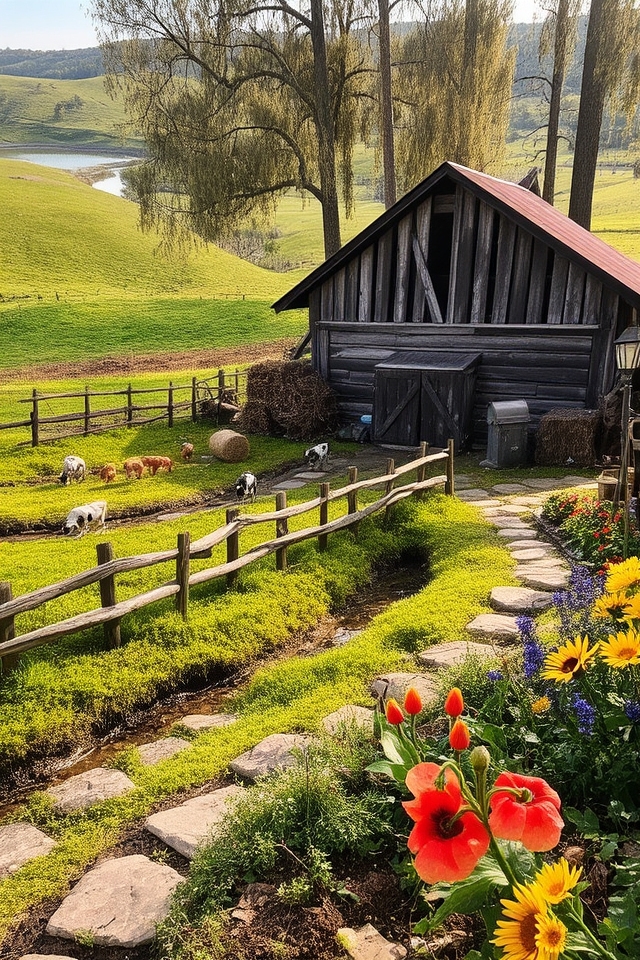 rustic barnyard pastoral scene