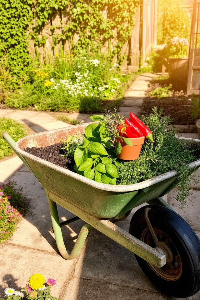 rustic herb garden wheelbarrow