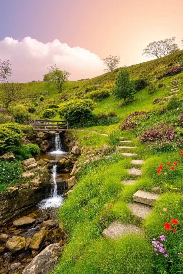 serene hillside water features