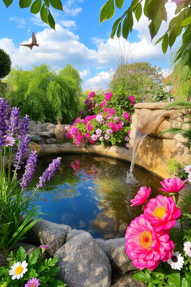 serene water feature garden