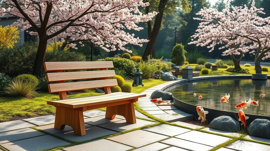 serene wooden meditation bench