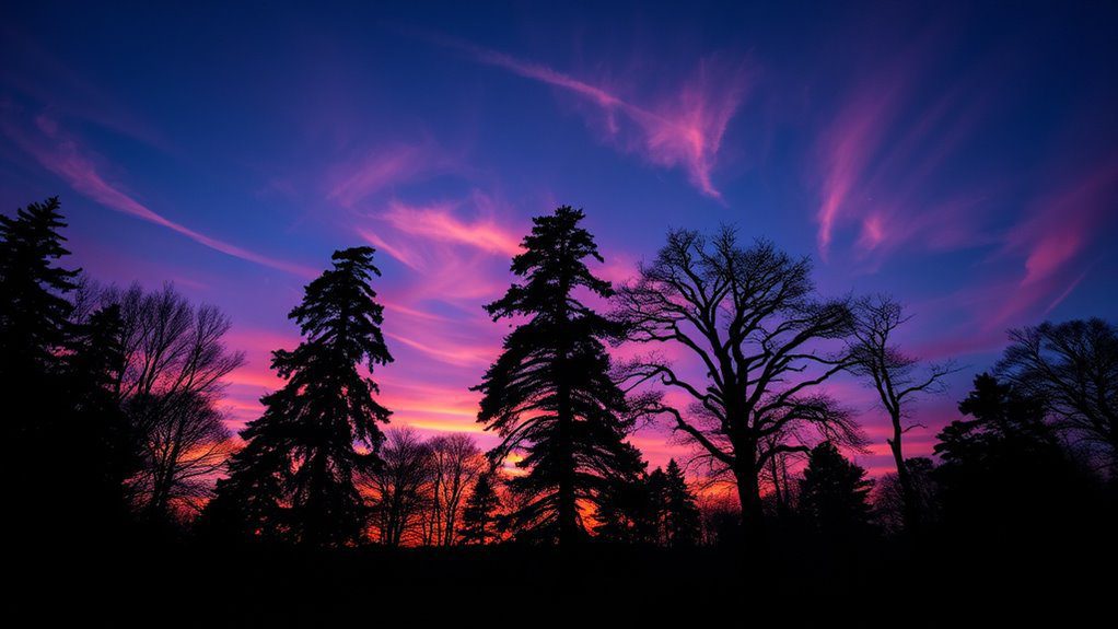 silhouetted trees at dusk