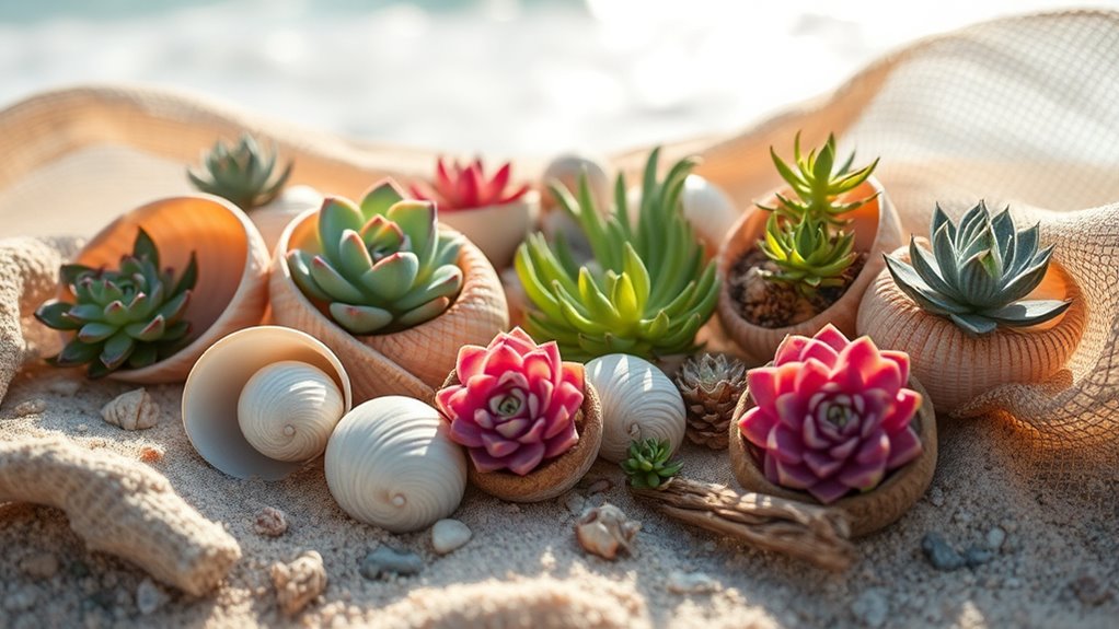 succulents in decorative shells