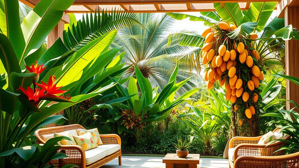 tropical foliage and mangoes