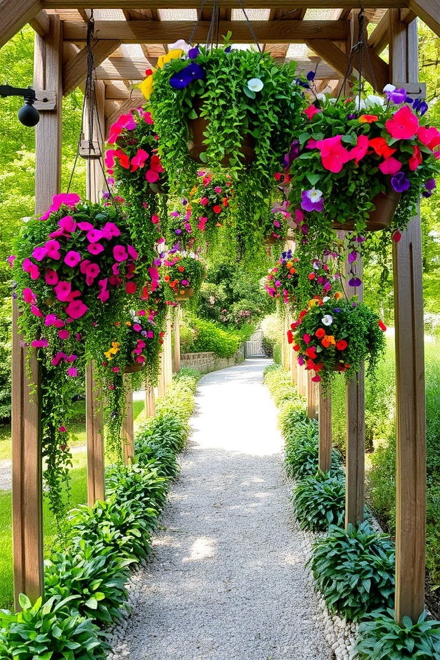 vibrant cascading hanging baskets