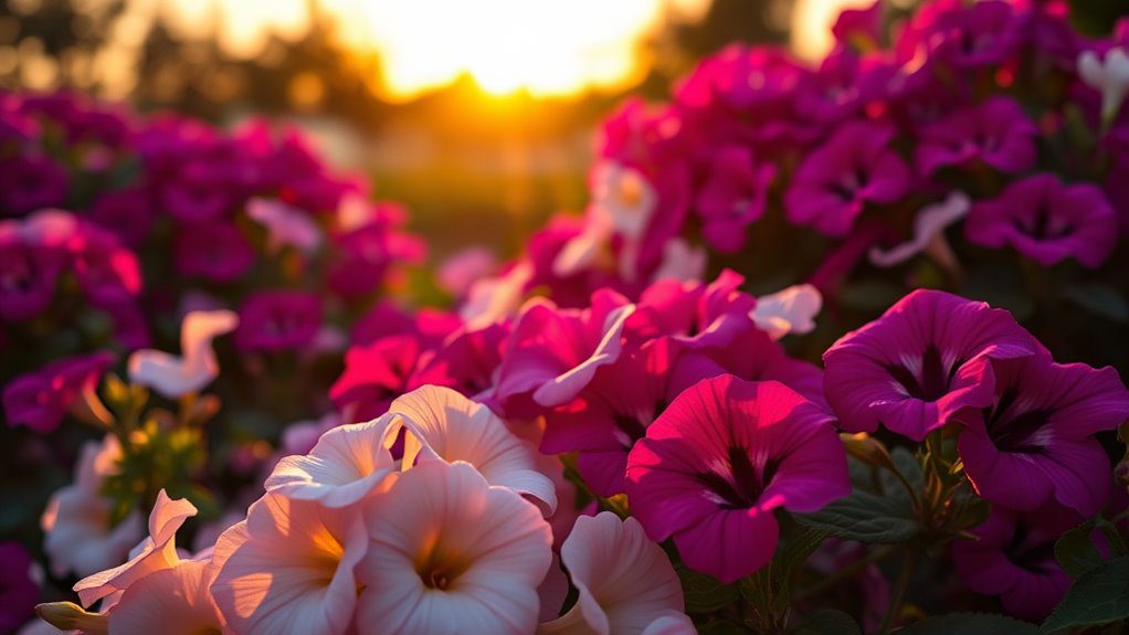 vibrant petunias at sunset