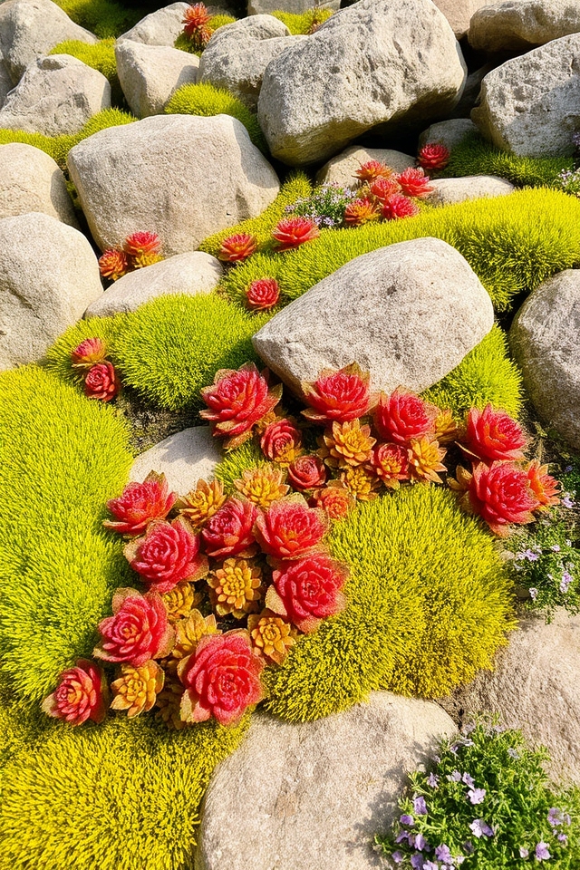 vibrant plants between rocks