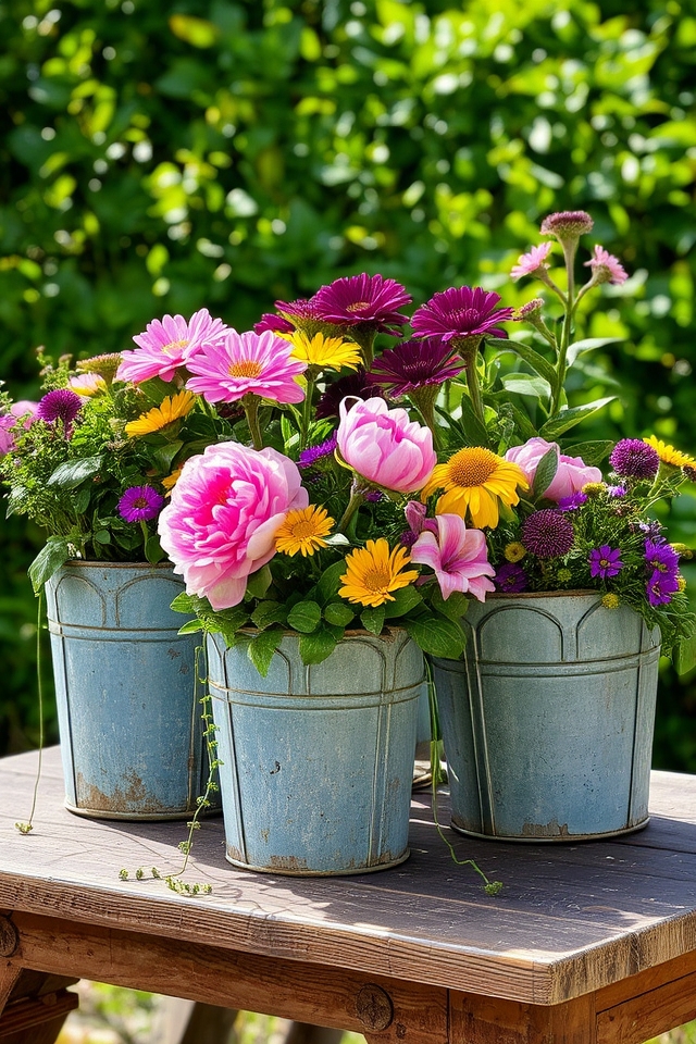 vintage buckets as planters