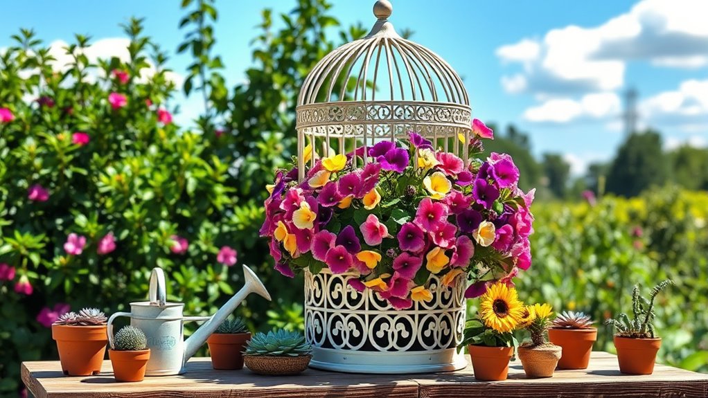whimsical vintage birdcage planters