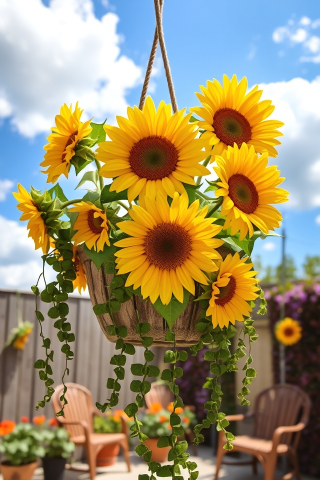 hanging baskets with sunflowers