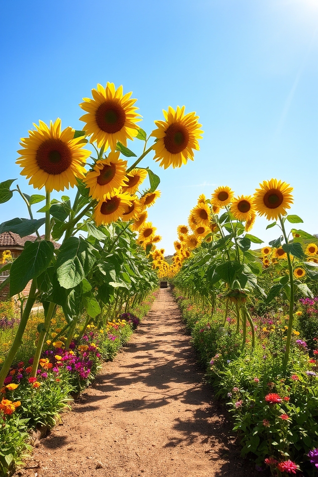 sunflower lined garden pathway
