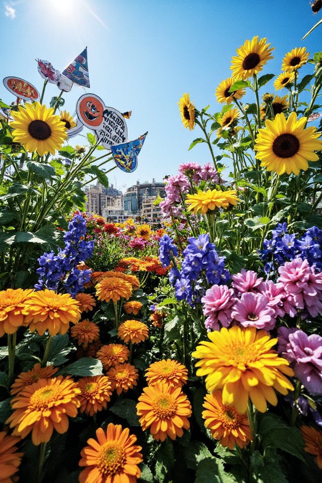 vibrant comic themed flower garden