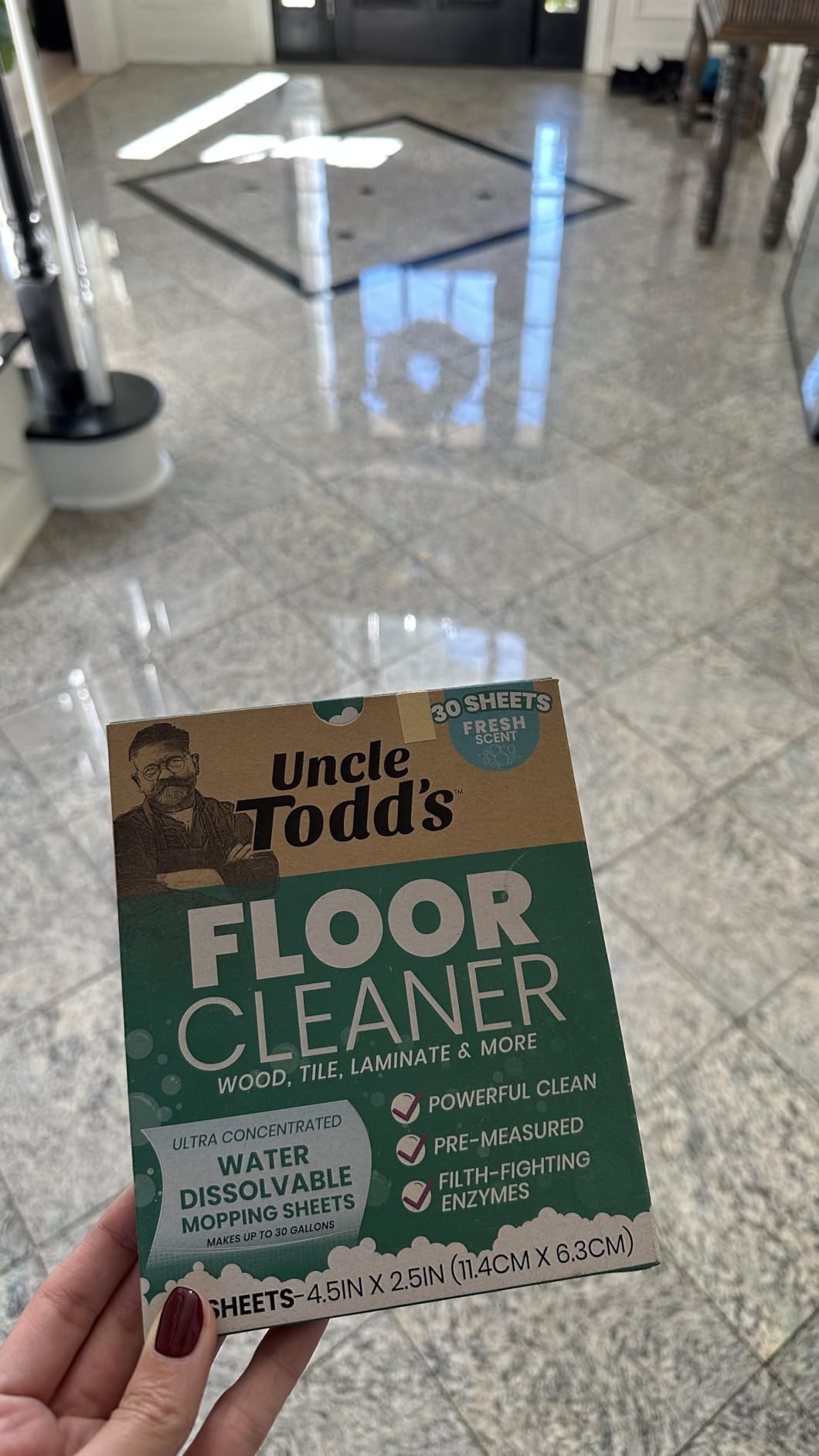 Uncle Todd's Ultra Concentrated Floor Cleaner For Mopping: 30 Natural, 100% Dissolvable Sheets for Mopping – Hardwood & Wood Floor Cleaner with Filth-Fighting Enzymes, Plastic-Free Packaging - Customer Photo 1
