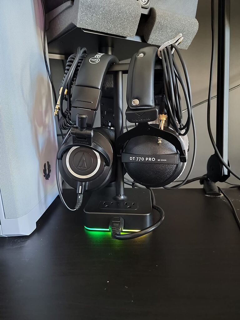 KAFRI RGB Headphone Stand with USB A&C Charger Desk Gaming Headset Holder Hanger Rack with 3 USB Charging Port and 2 Outlet - Suitable for Gamer Desktop Table Game Earphone Accessories Boyfriend Gifts customer photo 1