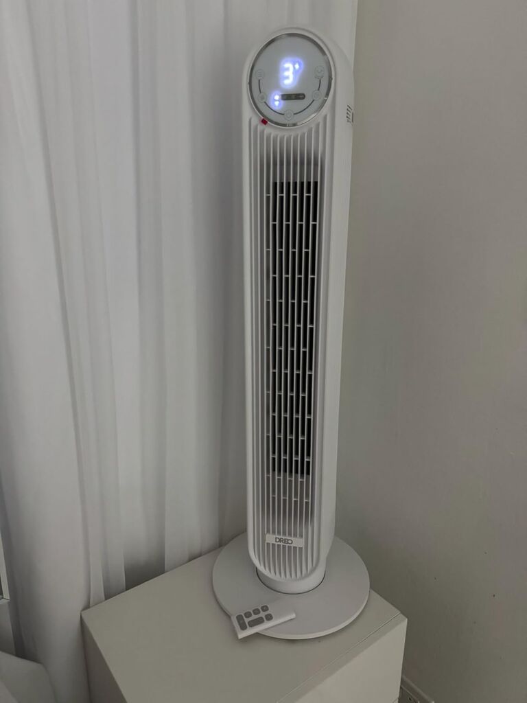 DREO Tower Fan for Bedroom, 25ft/s Smart Standing Fans, 90° Oscillating Floor Fan with 4 Modes, 4 Speeds, 8H Timer, 28dB, Bladeless, Remote, Works with WiFi Voice Control customer photo 2